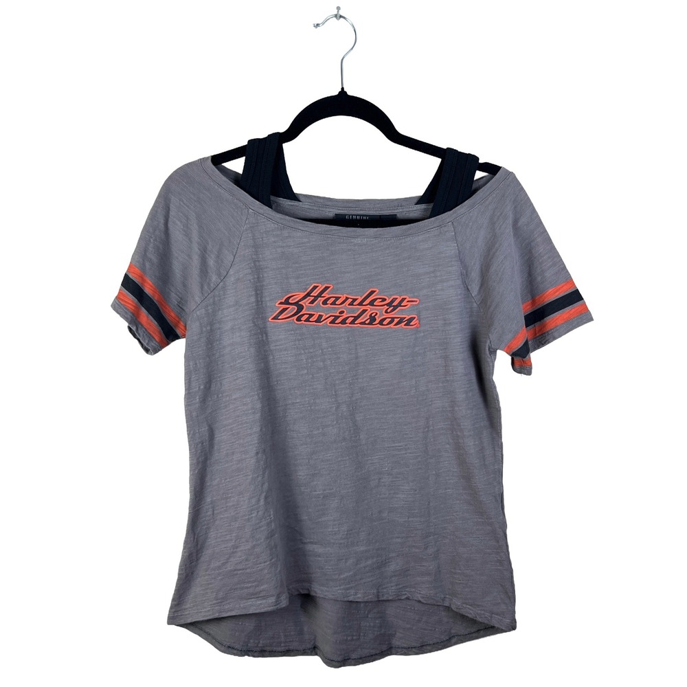 Harley-Davidson Womens Cold Shoulder Graphic Tee‎ Small Grey 2010s Biker Shirt